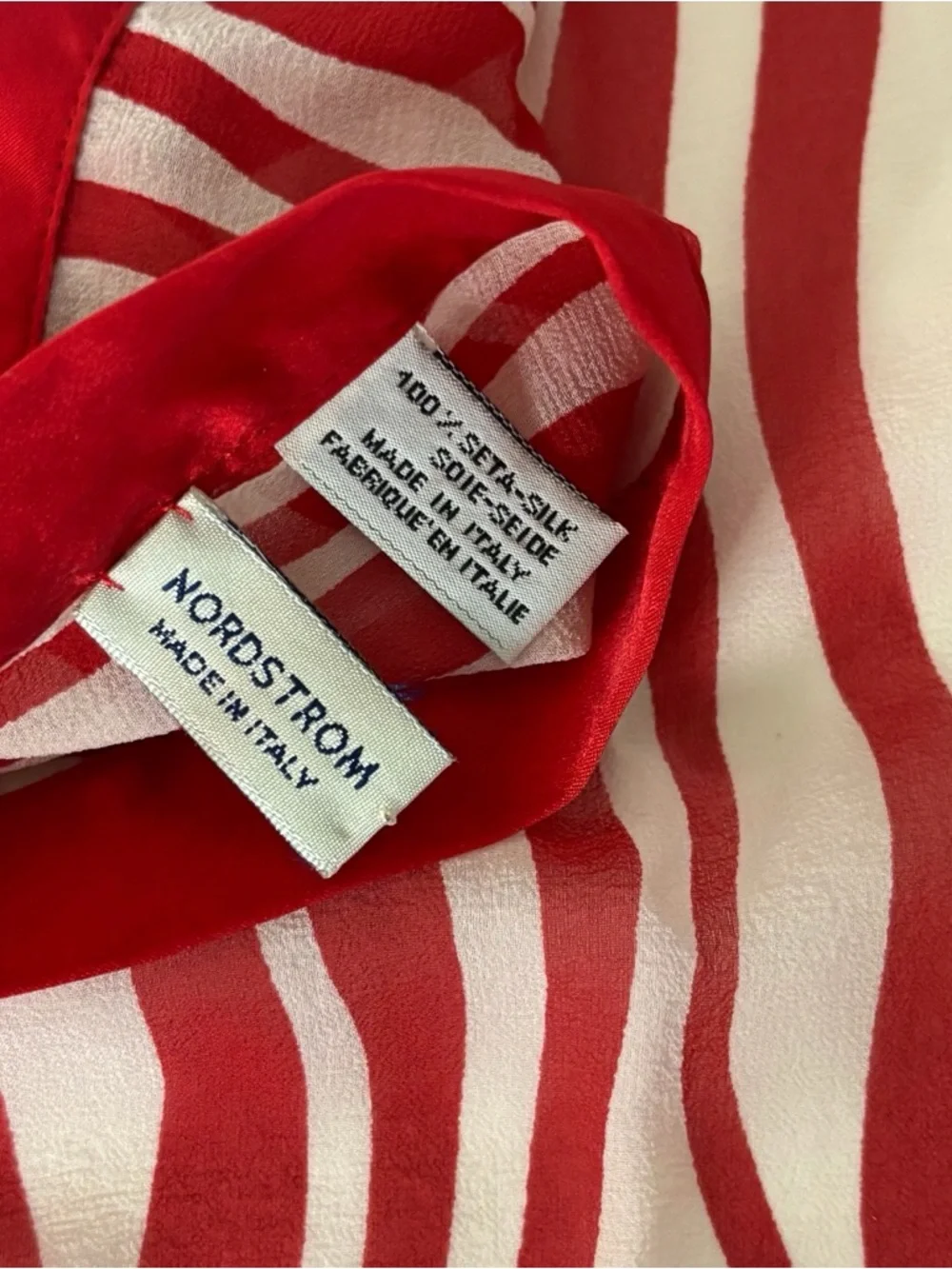 Nordstrom 100 % Silk Scarf Made Italy  Red / White 18”X18”. - Picture 4 of 5